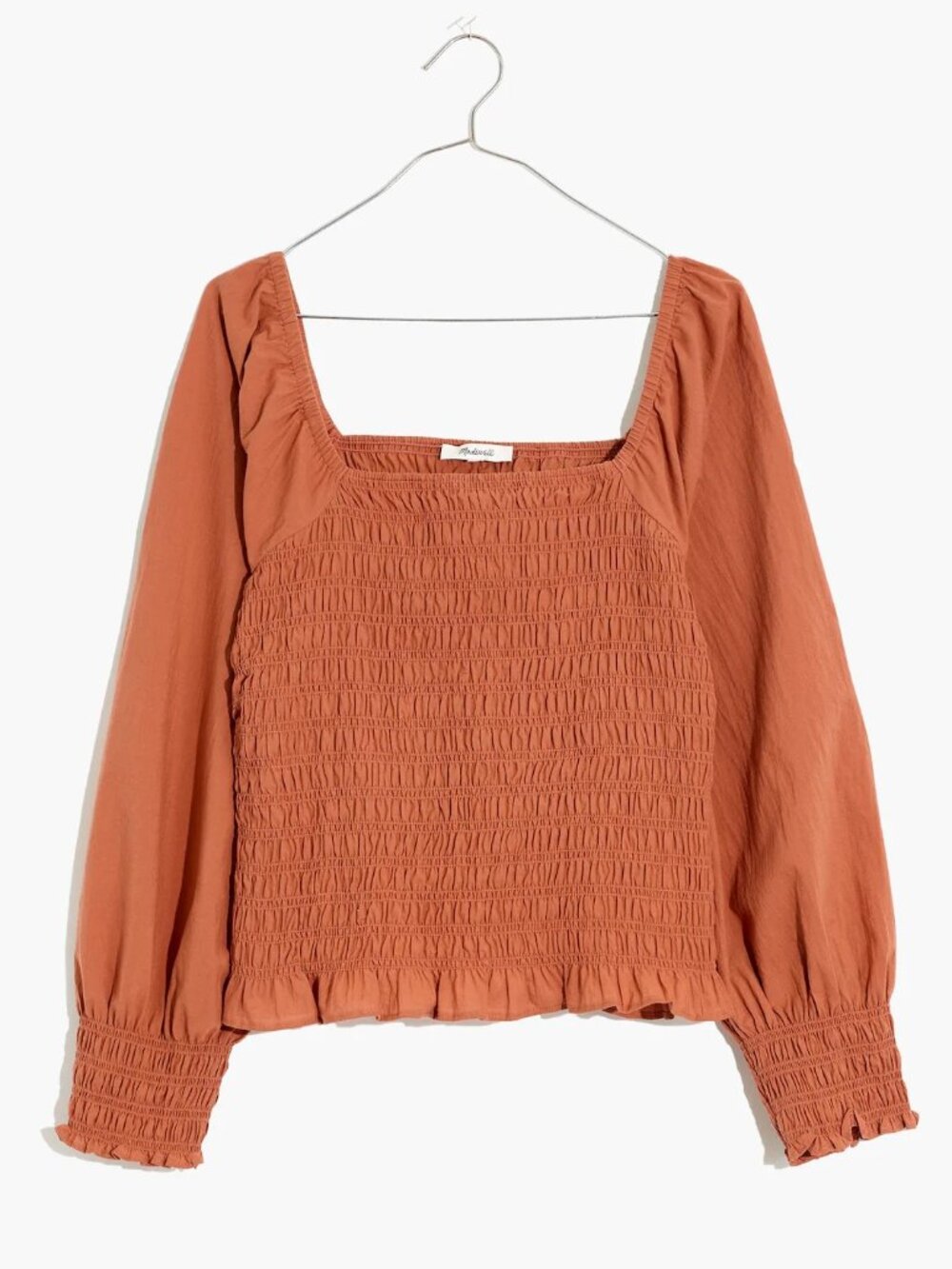 Madewell Lucie Smocked Top Long Puff Sleeve Square Neck Size XL Warm Terracotta